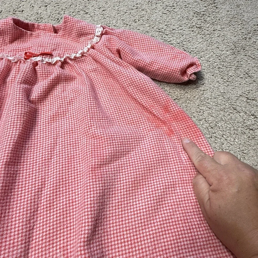 Primitive Baby Girls Red Gingham Christmas Nightgown Eyelet Lace 18-24M 1980s